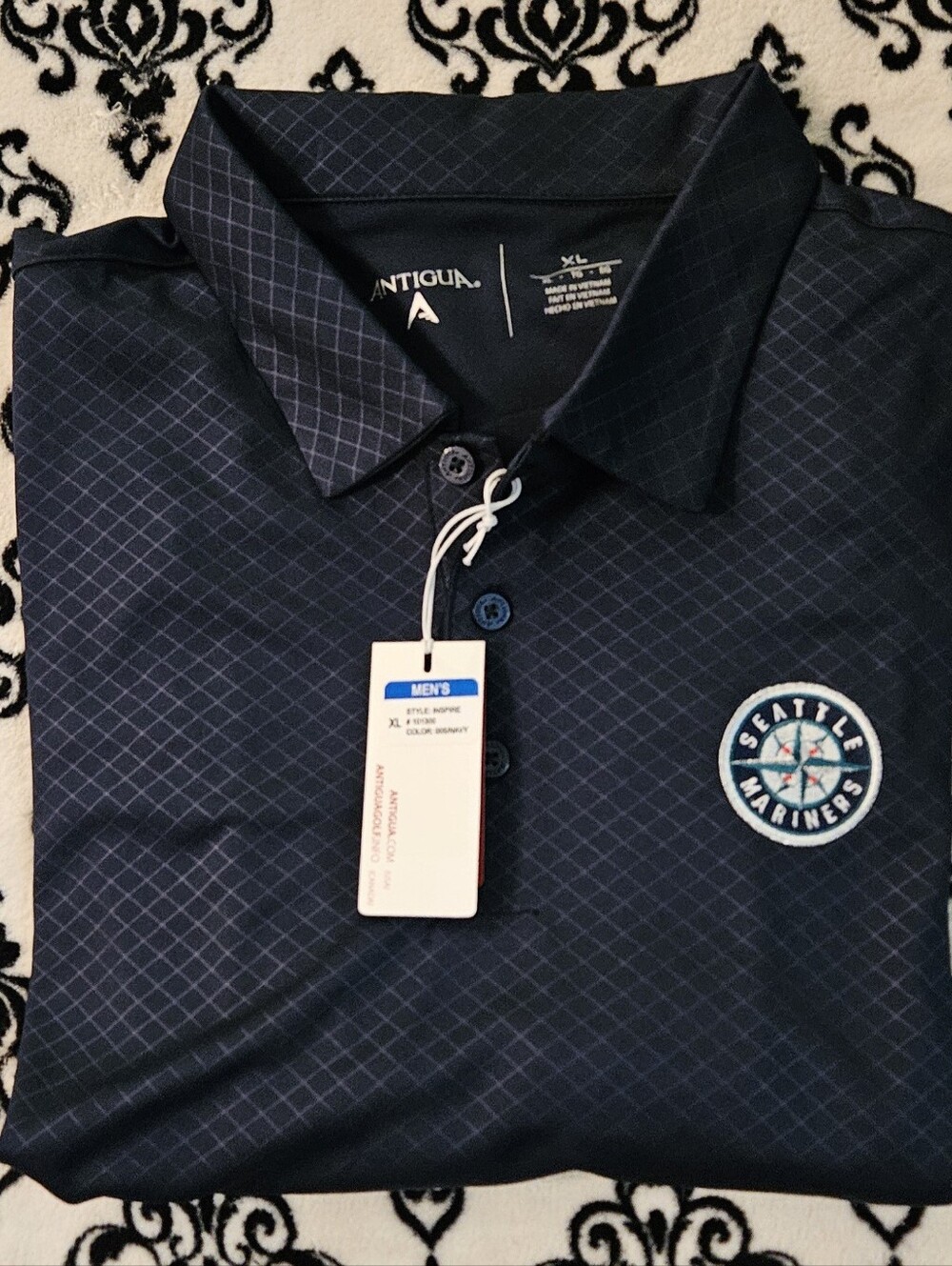 Antigua Men's Seattle Mariners Navy Diamond-Print Performance Polo